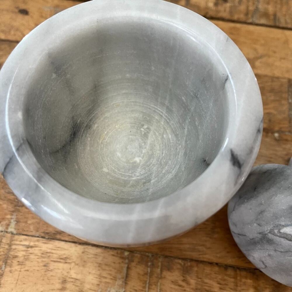 Polished Marble Mortar and Pestle Set Gray and White Heavy - Picture 3 of 12